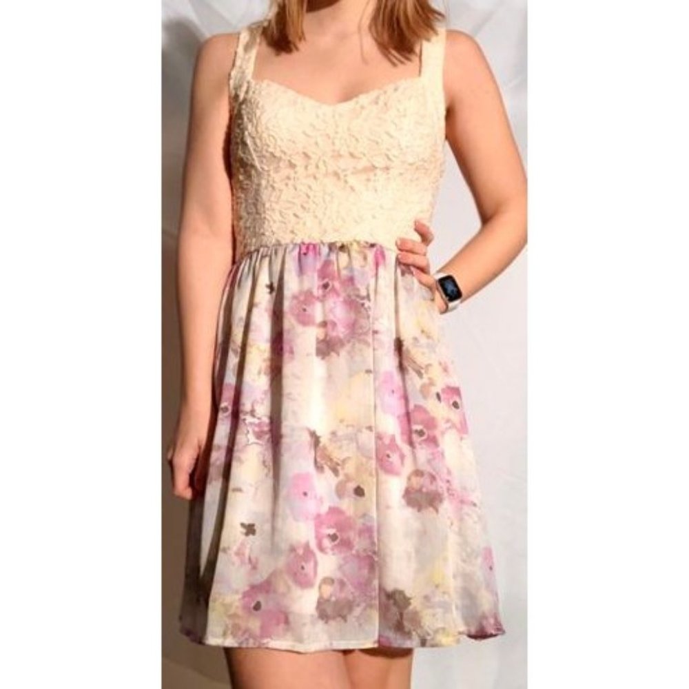 Candies Womens Heart Cut-Out Flower Mini Dress Wide Strap White Pink SZ X Small